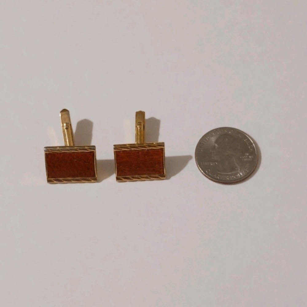 VTG Swank Gold Tone Rectangular Cufflinks Brown Faux Leather Inlay MCM Retro - Picture 8 of 9